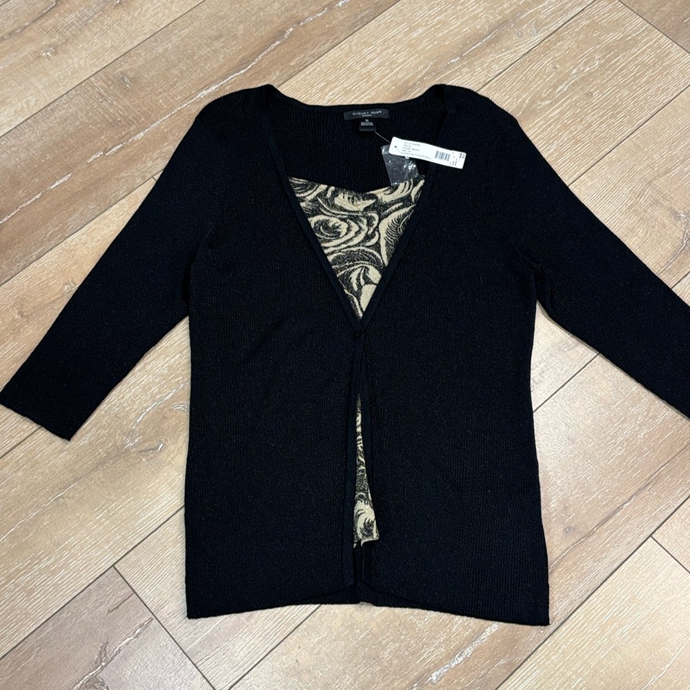 August Silk Woman | Metallic Gold Rose 2-In-1‎ Sweater Cardigan | 2X